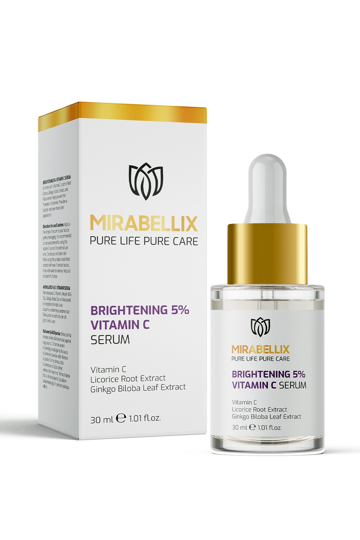 Aydınlatıcı %5 C Vitamini & Niasinamid İçeren Serum – Meyan Kökü ve Ginkgo Biloba Özlü 30 ml