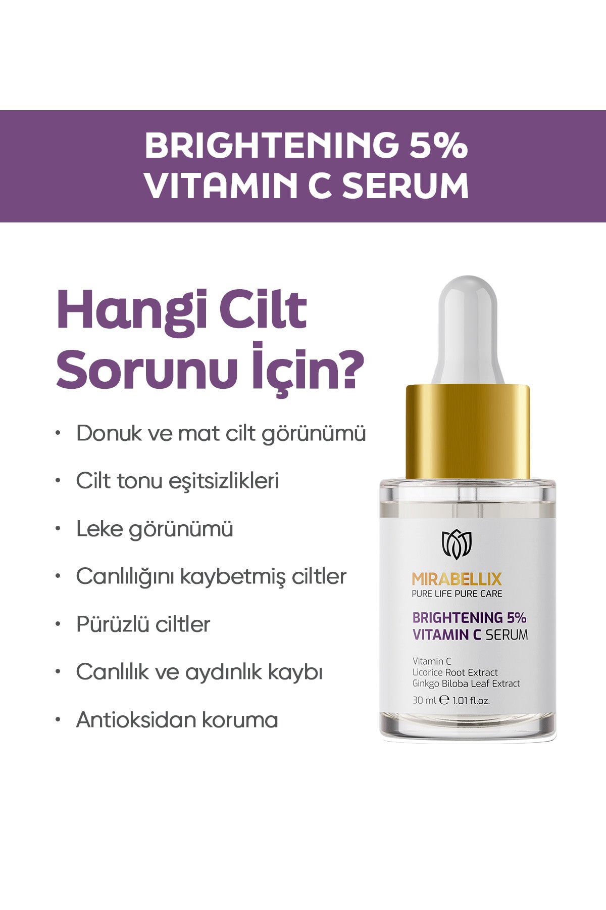 Aydınlatıcı %5 C Vitamini & Niasinamid İçeren Serum – Meyan Kökü ve Ginkgo Biloba Özlü 30 ml