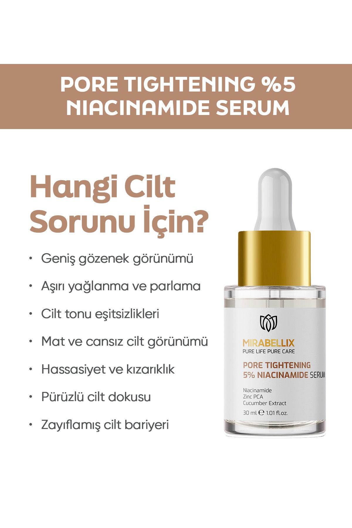 Gözenek Sıkılaştırıcı %5 Niasinamid & Çinko PCA İçeren Aydınlatıcı ve Yatıştırıcı Serum – Salatalık Özlü 30 ml