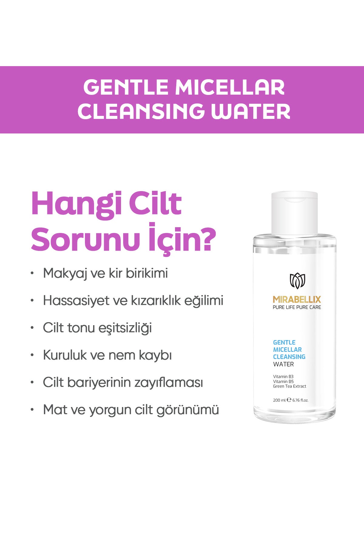 Micellar Makyaj Temizleme Suyu – Yeşil Çay Özü, Pantenol ve Niasinamid İçerikli 200 ml