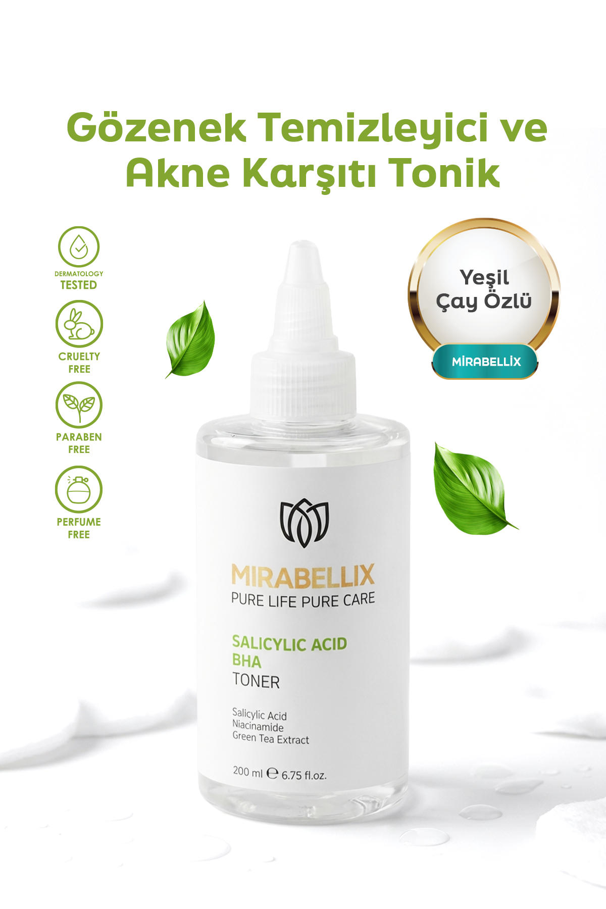 Salisilik Asit (BHA), Niasinamid ve Yeşil Çay Özlü Gözenek Temizleyici ve Akne Karşıtı Tonik – 200 ml