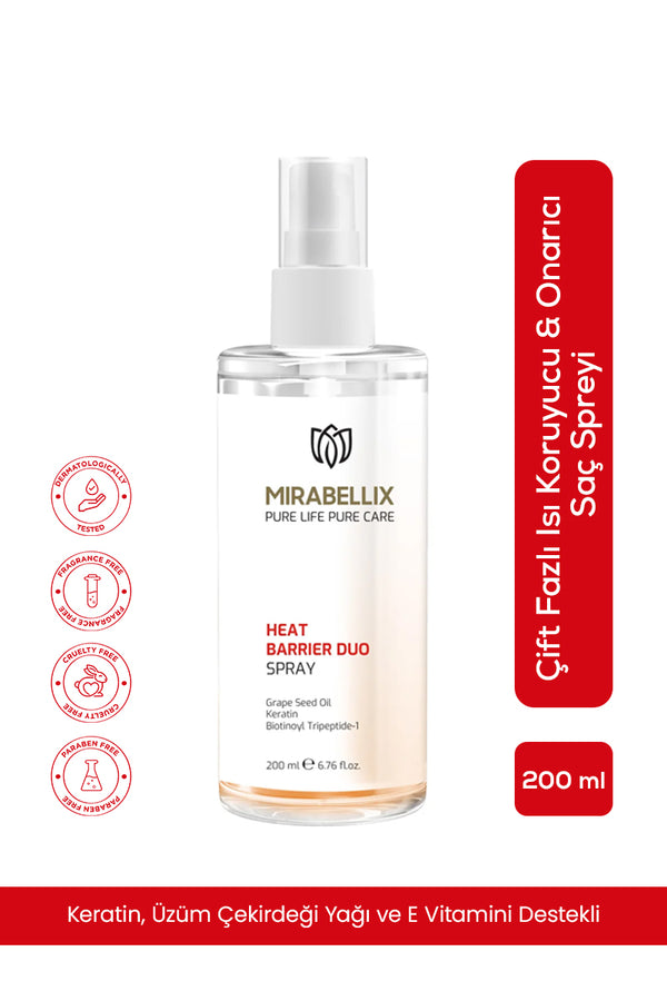 Çift Fazlı Isı Koruyucu & Onarıcı Saç Spreyi – Keratin, Üzüm Çekirdeği Yağı ve E Vitamini Destekli 200 ml