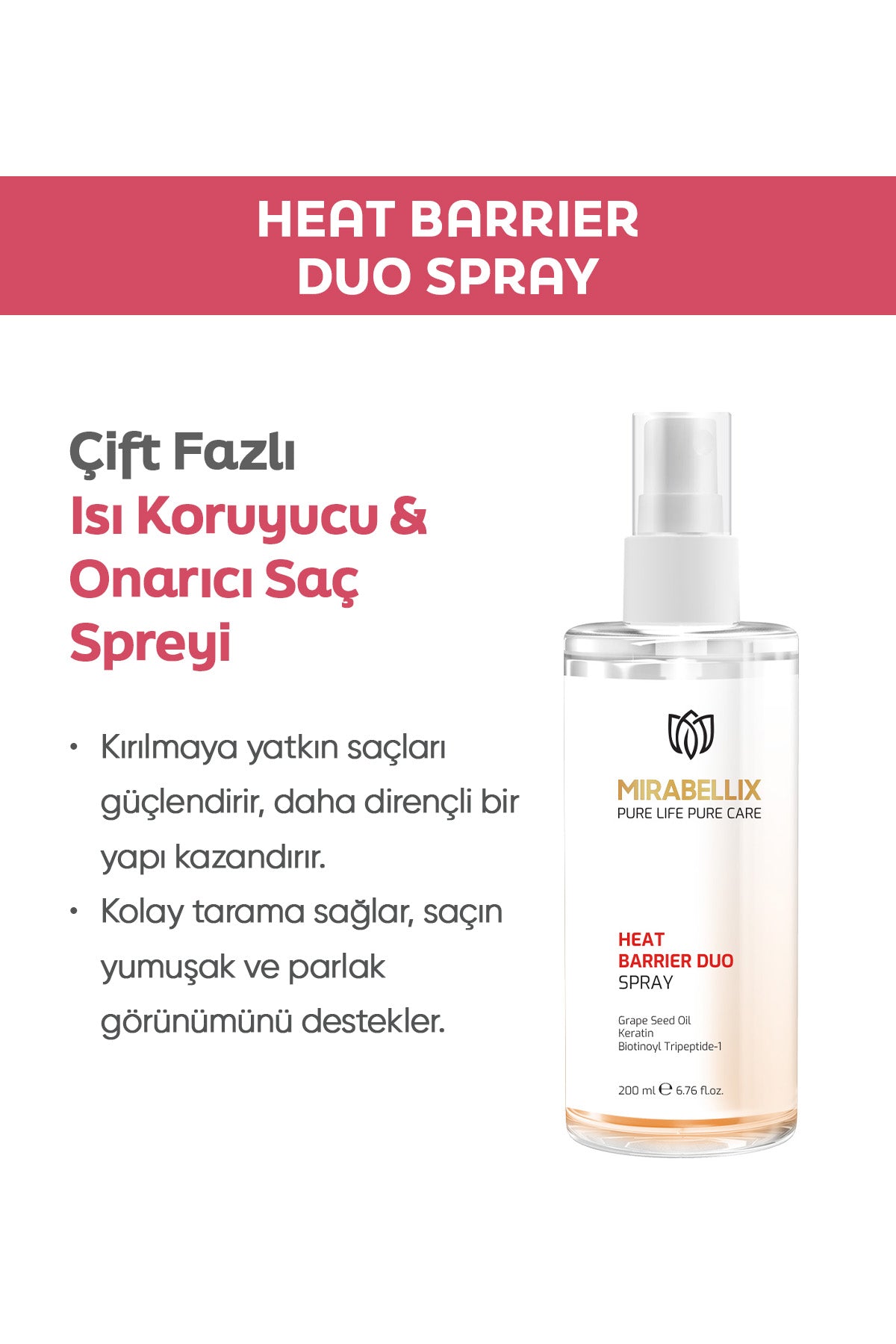 Çift Fazlı Isı Koruyucu &amp; Onarıcı Saç Spreyi – Keratin, Üzüm Çekirdeği Yağı ve E Vitamini Destekli 200 ml
