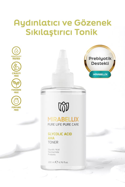 Glikolik Asit &amp; Niasinamid İçeren Aydınlatıcı ve Gözenek Sıkılaştırıcı Tonik – Prebiyotik Destekli 200 ml