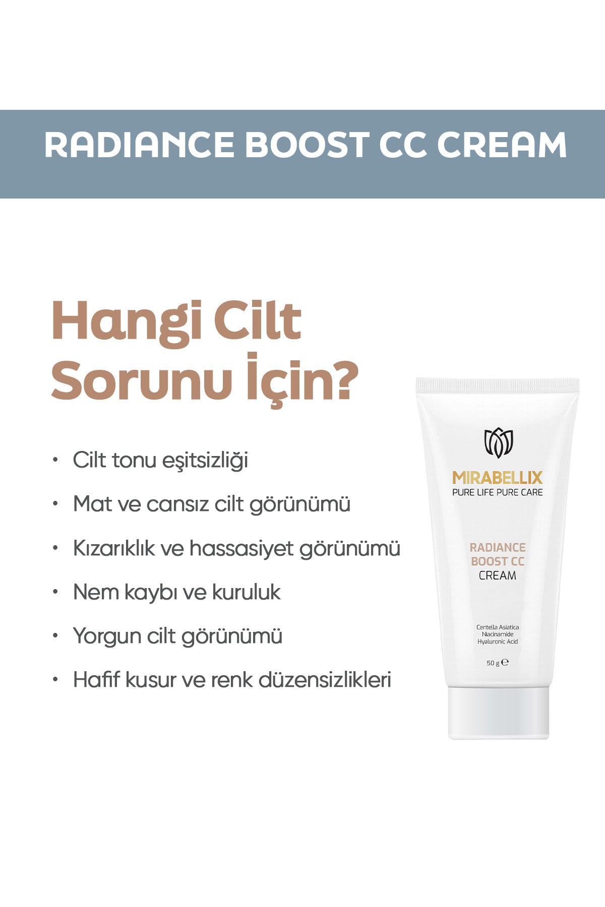 Işıltı Veren CC Krem – Centella Asiatica, Hyalüronik Asit ve Niasinamid İçerikli 50 ml