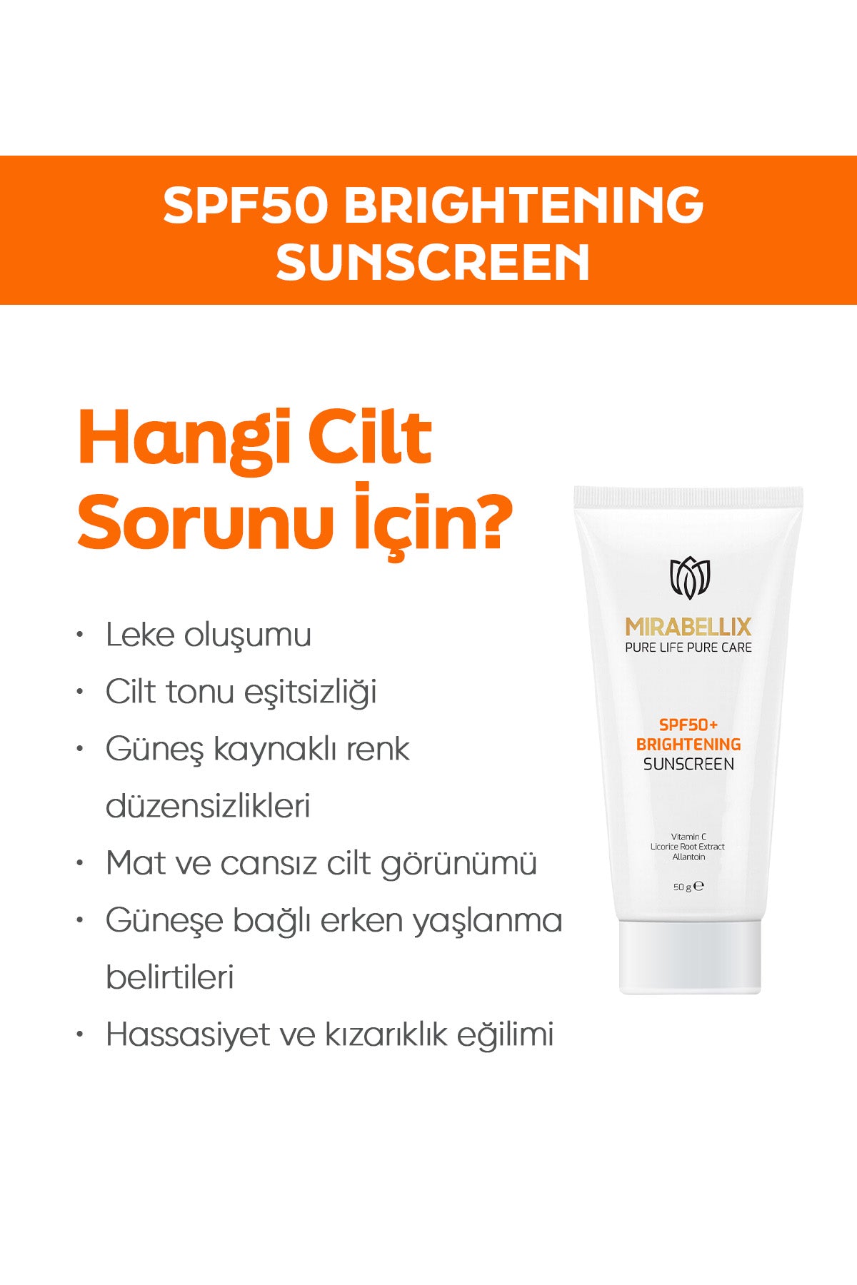 Leke Karşıtı &amp; Aydınlatıcı Güneş Kremi SPF50+ – C Vitamini ve Meyan Kökü Özlü Yüksek Koruma 50 ml