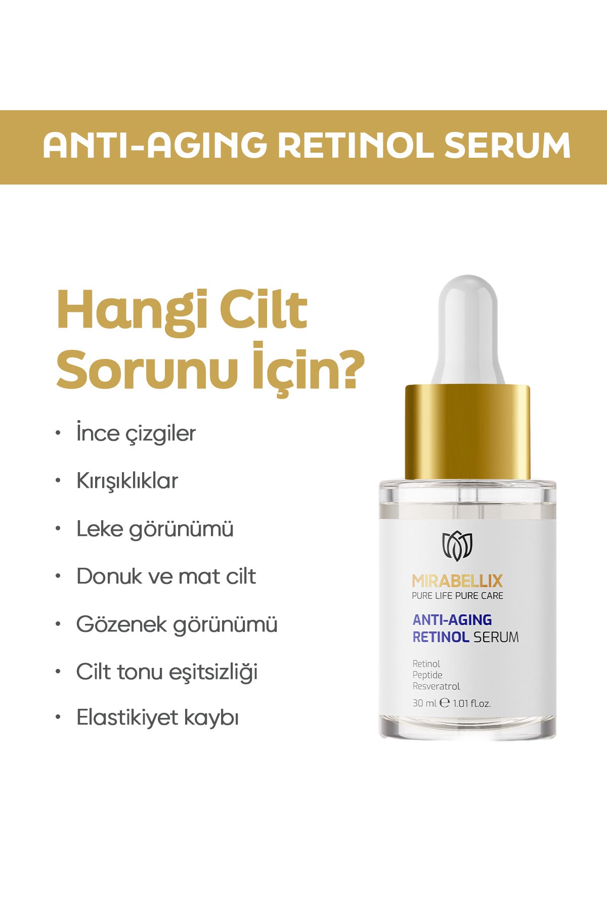 Retinol, Peptit İçeren Yaşlanma Karşıtı ve Cilt Yenileyici Serum – İnce Çizgi ve Leke Karşıtı 30 ml