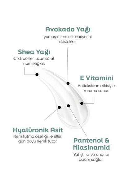 Yoğun Nemlendirici El Bakım Kremi – Pantenol &amp; Niasinamid İçeren Shea Yağı, Avokado Yağı ve Hyaluronik Asit Destekli 50 ml